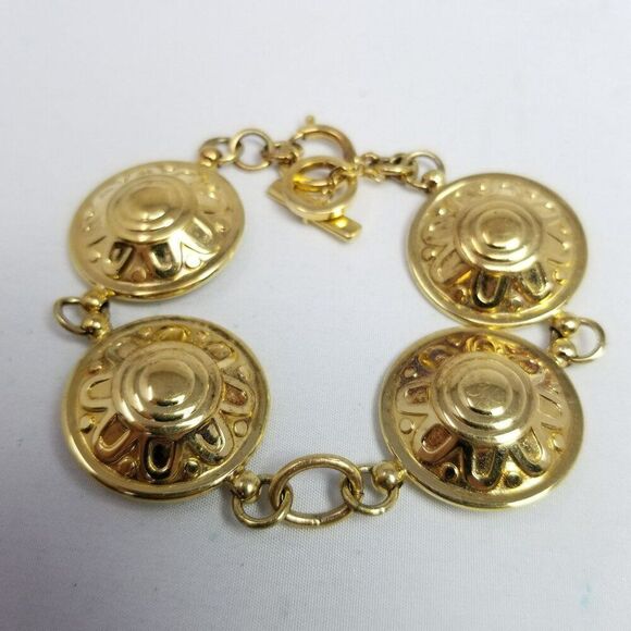 Vintage Round Gold Tone Panel Link Bracelet, Sun Flower Design, Estate - Picture 1 of 6